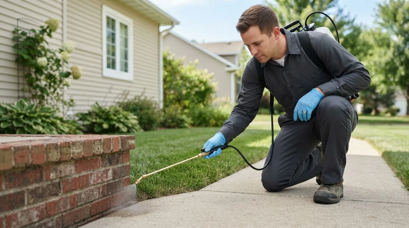 Pest control technician treating a home near Coatesville, IN